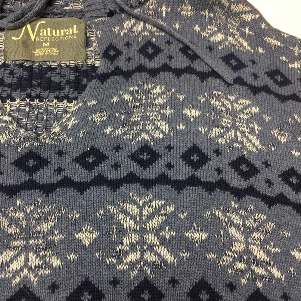 Fair Isle Nordic Hooded Sweater 100% Cotton Blue Cottagecore Cabin Core Pullover - Picture 4 of 8